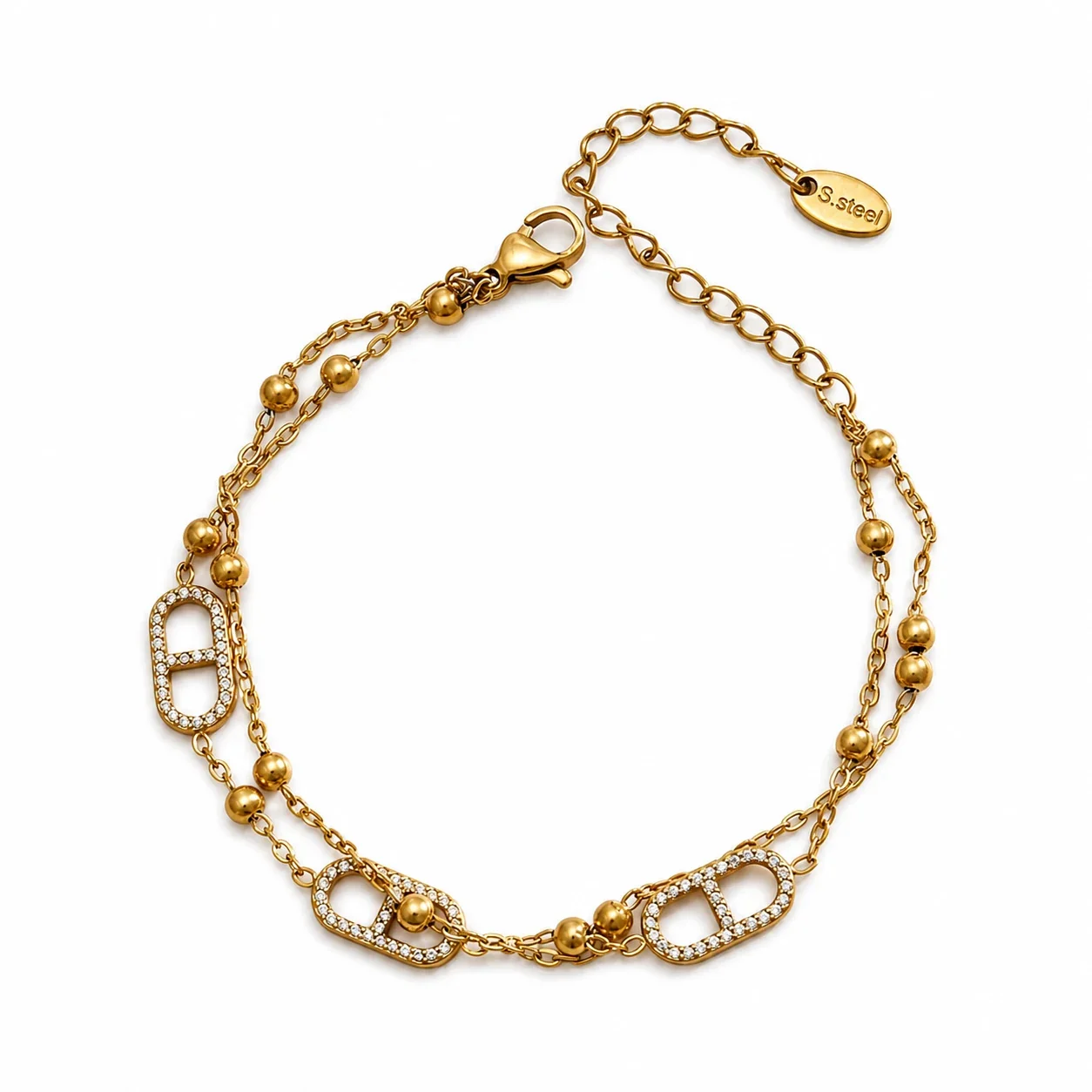 Refined Gold-Plated Bead Chain CZ Station Jewelry Set