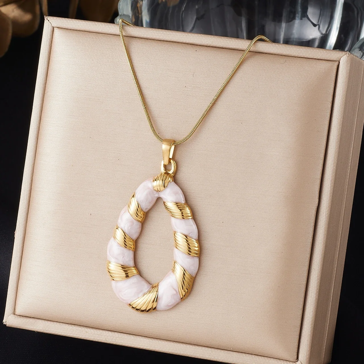Teardrop Pendant Necklace, Enamel Twist, Gold-Plated Stainless Steel