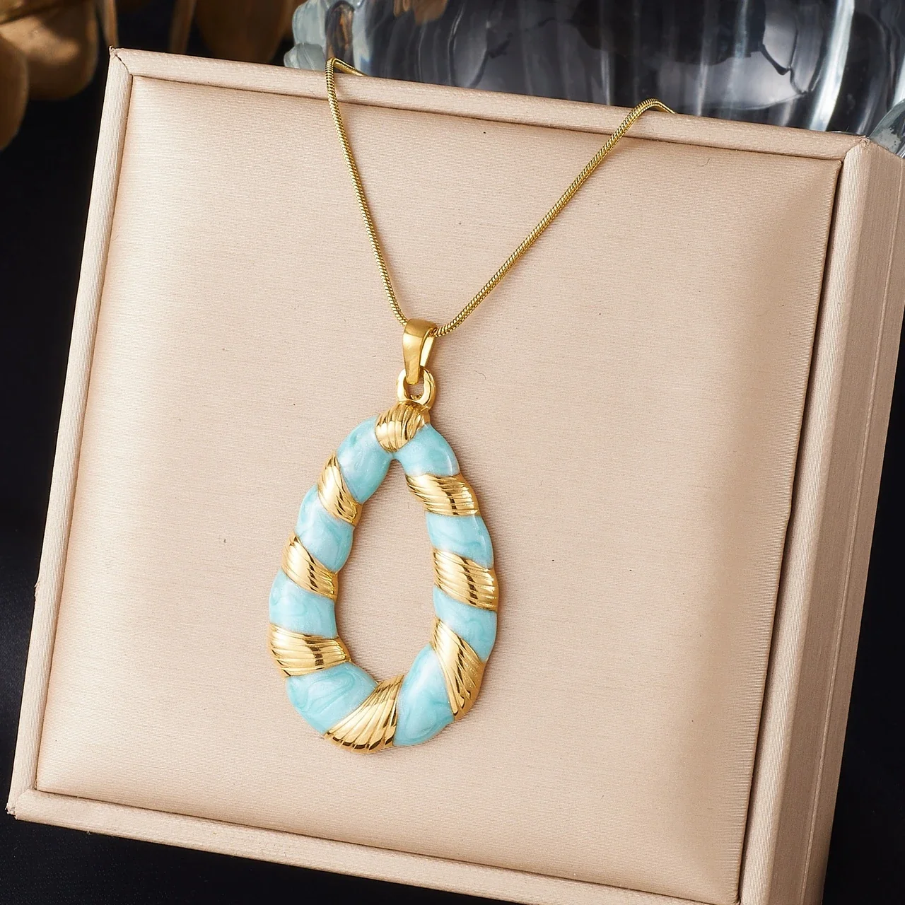 Teardrop Pendant Necklace, Enamel Twist, Gold-Plated Stainless Steel