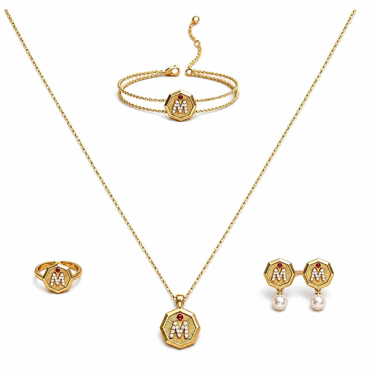 Octagon Monogram 18K Gold-Plated 316 Stainless Steel Jewelry Set