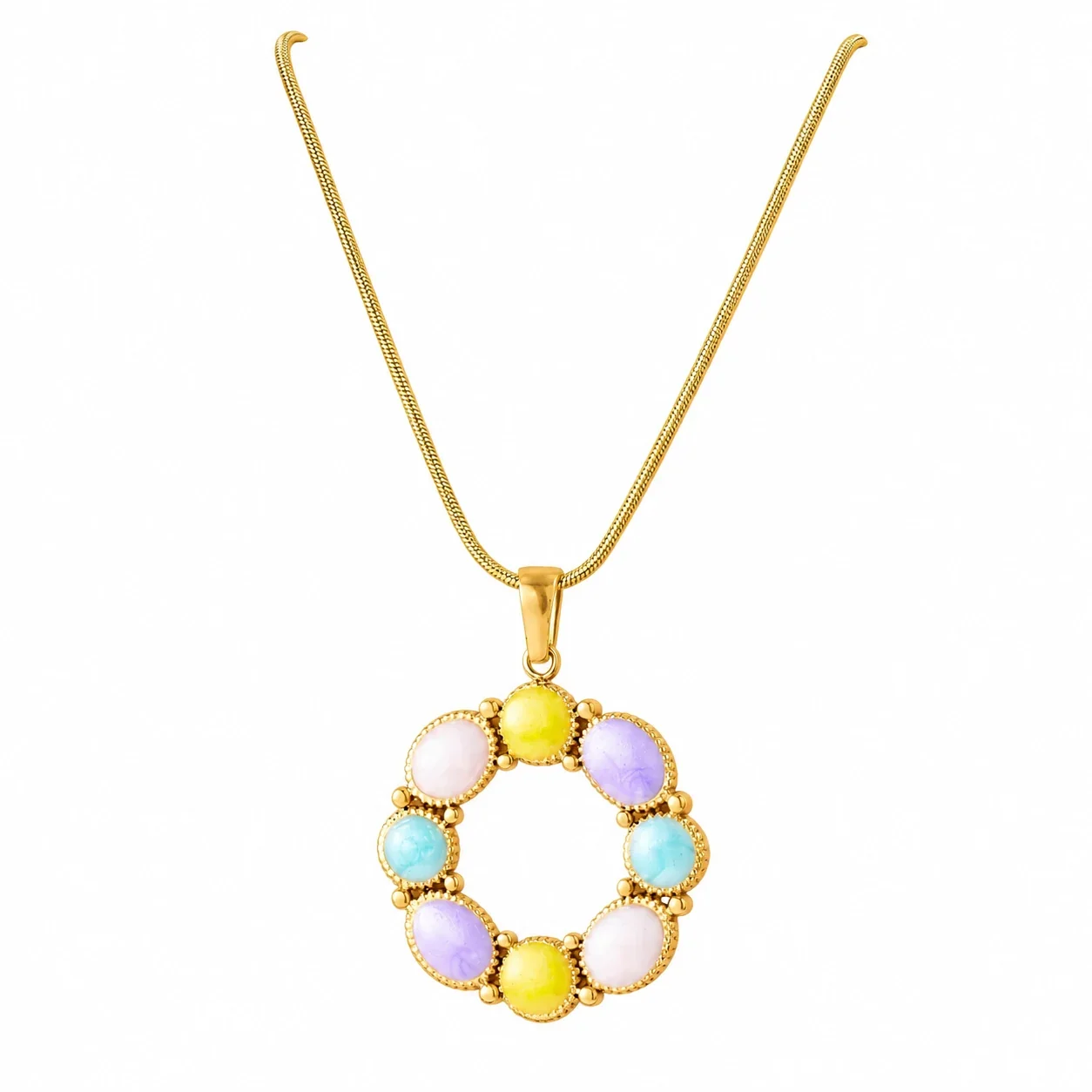 Jewelry Set with Pastel Wreath Drops in Gold-Plated Stainless Steel - Necklace