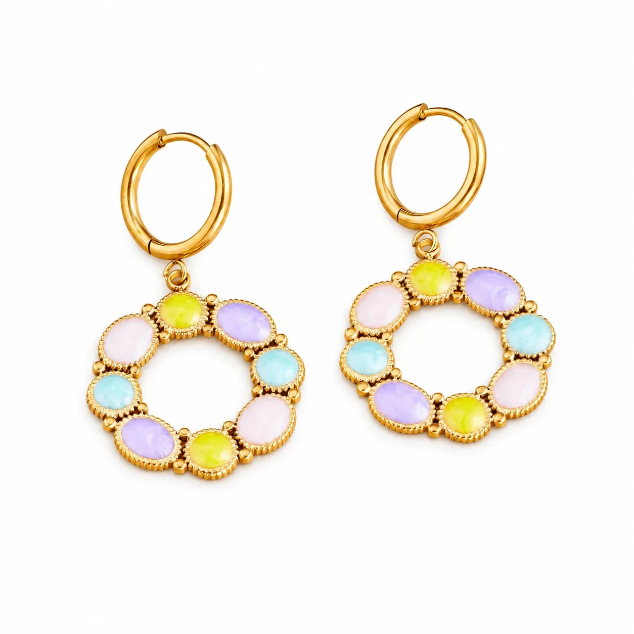 Jewelry Set with Pastel Wreath Drops in Gold-Plated Stainless Steel - Earrings