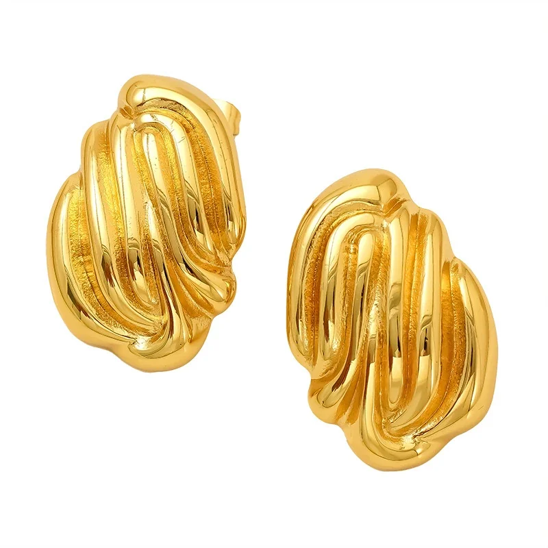 Sculptural Gold-Plated Ribbed Leaf Stud Earrings