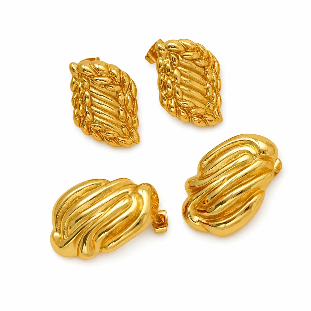 Sculptural Gold-Plated Ribbed Leaf Stud Earrings
