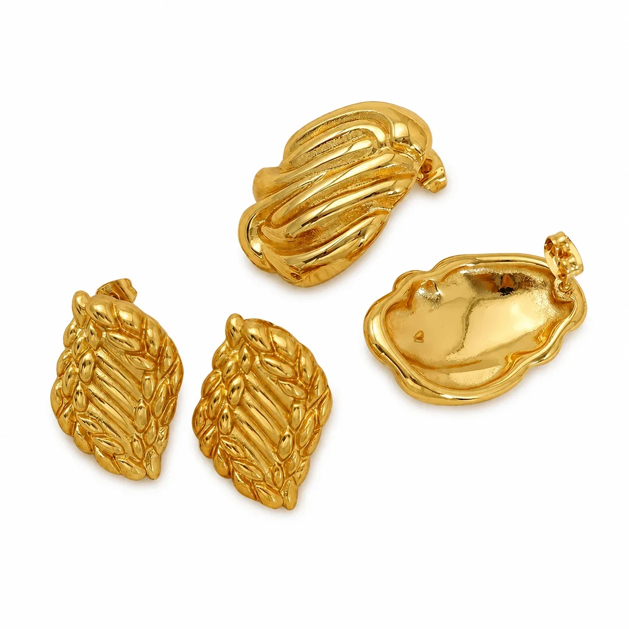 Sculptural Gold-Plated Ribbed Leaf Stud Earrings