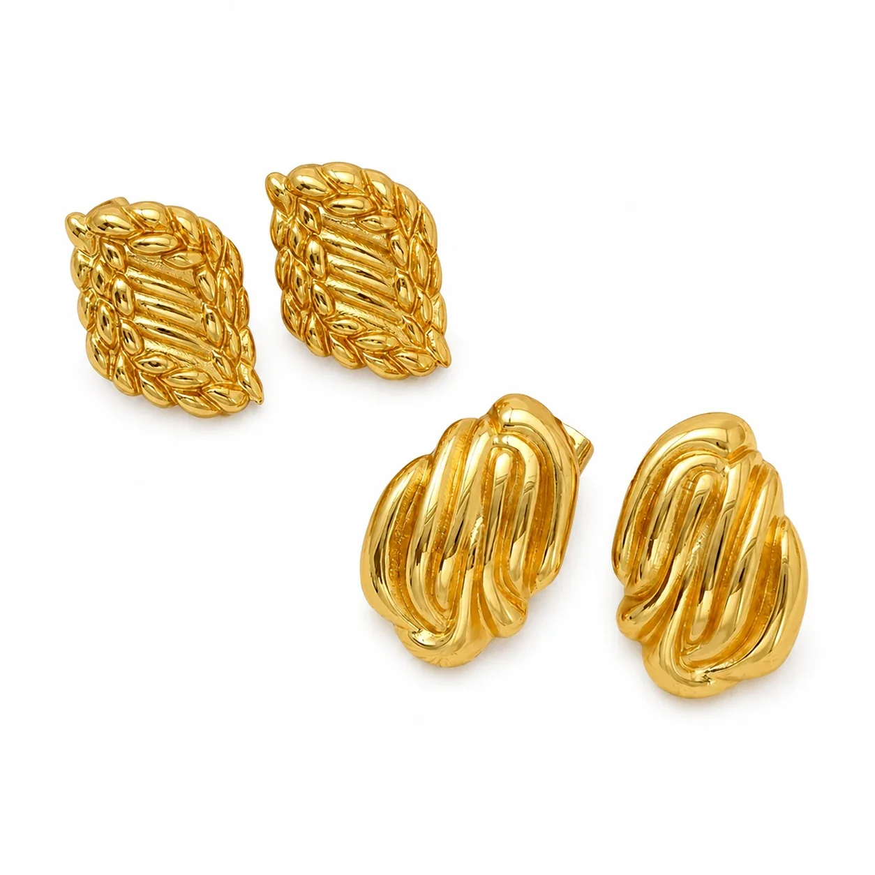 Sculptural Gold-Plated Ribbed Leaf Stud Earrings