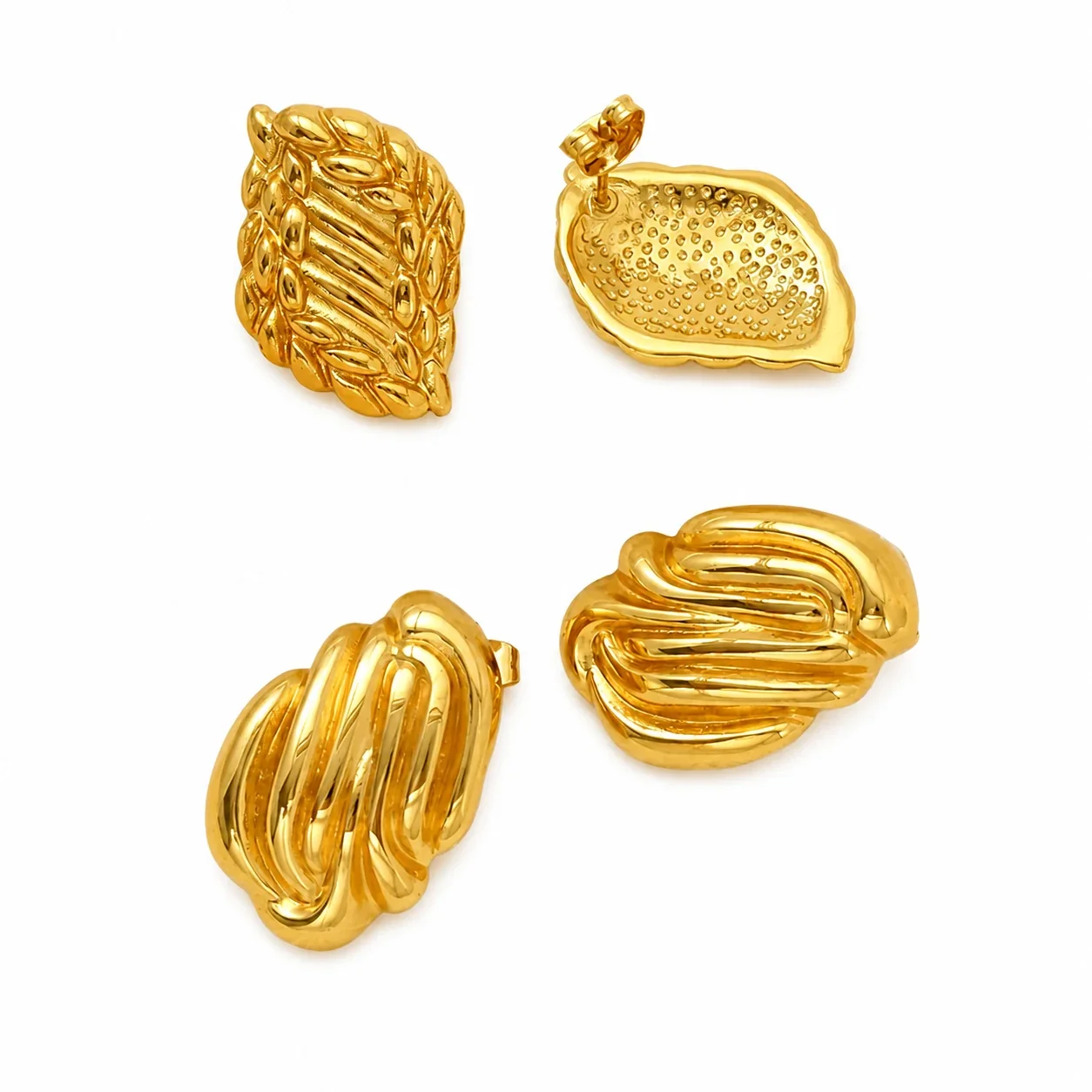Sculptural Gold-Plated Ribbed Leaf Stud Earrings