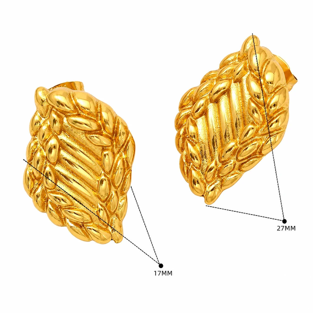 Sculptural Gold-Plated Ribbed Leaf Stud Earrings - Gold SE113G