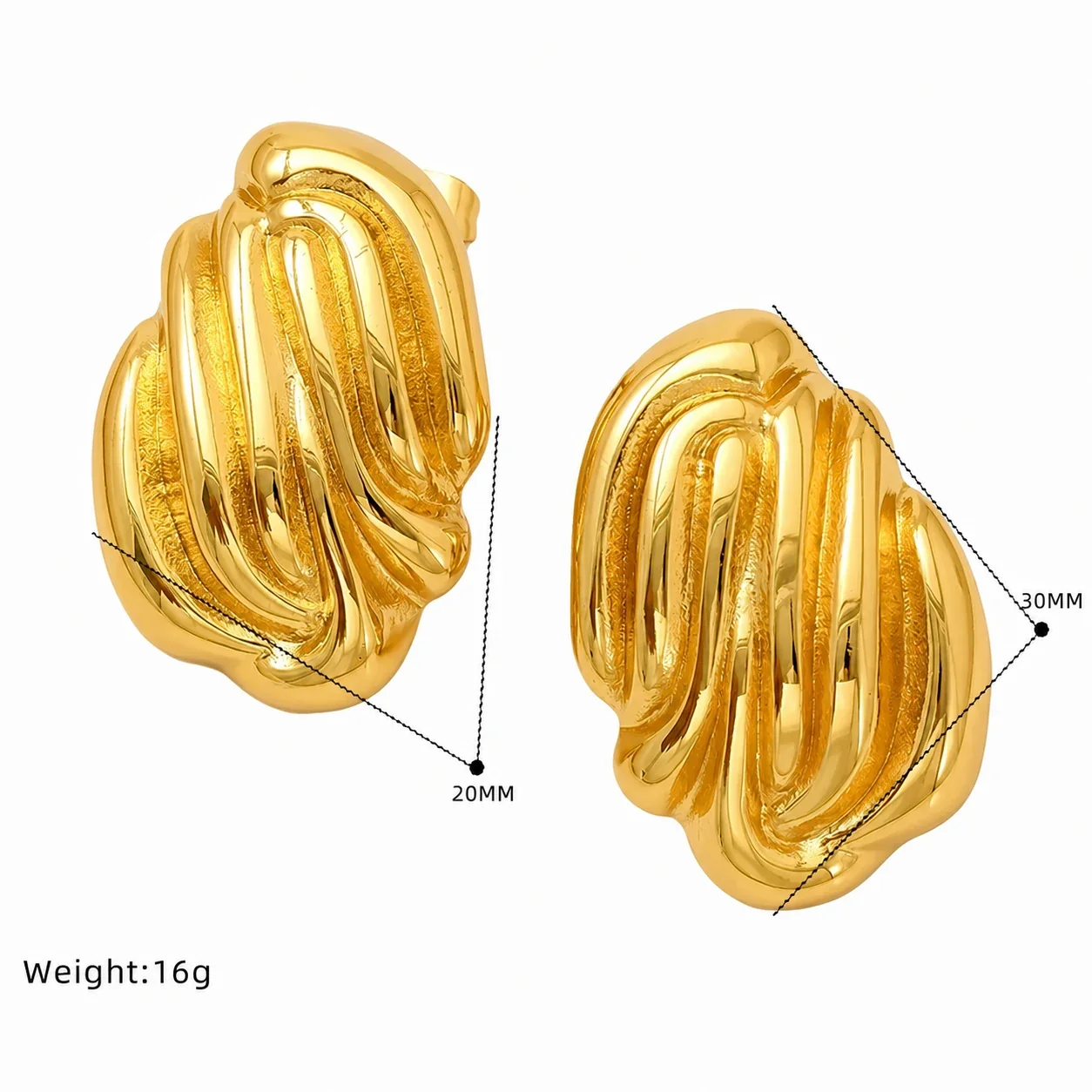 Sculptural Gold-Plated Ribbed Leaf Stud Earrings - Gold SE124G