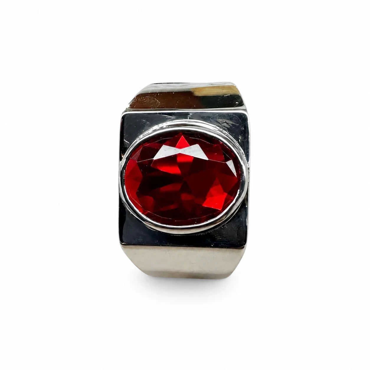 Bold 316 Stainless Steel Round Stone Signet Ring - Red