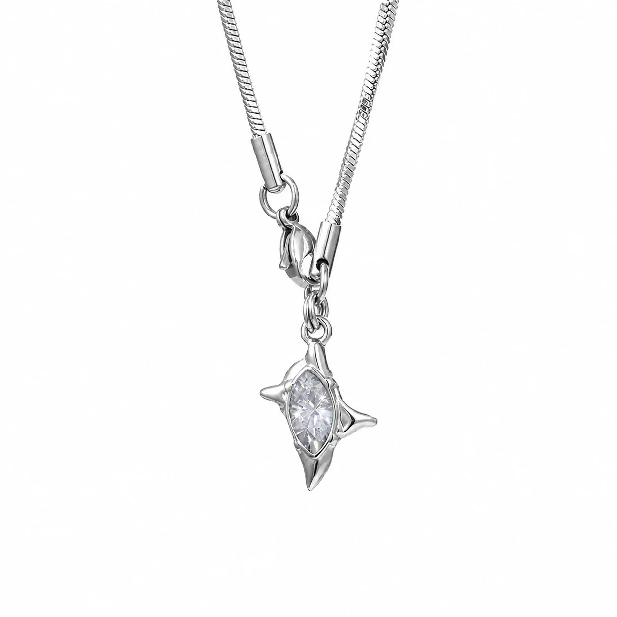 Edgy Stainless Steel Snake Chain Marquise Star Pendant Necklace - Silver Clear Crystal