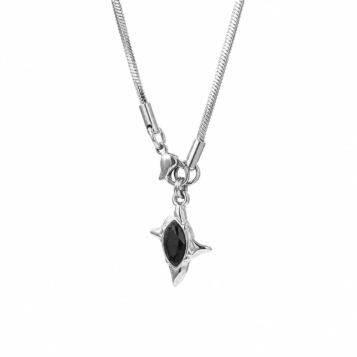 Edgy Stainless Steel Snake Chain Marquise Star Pendant Necklace - Silver Black Crystal