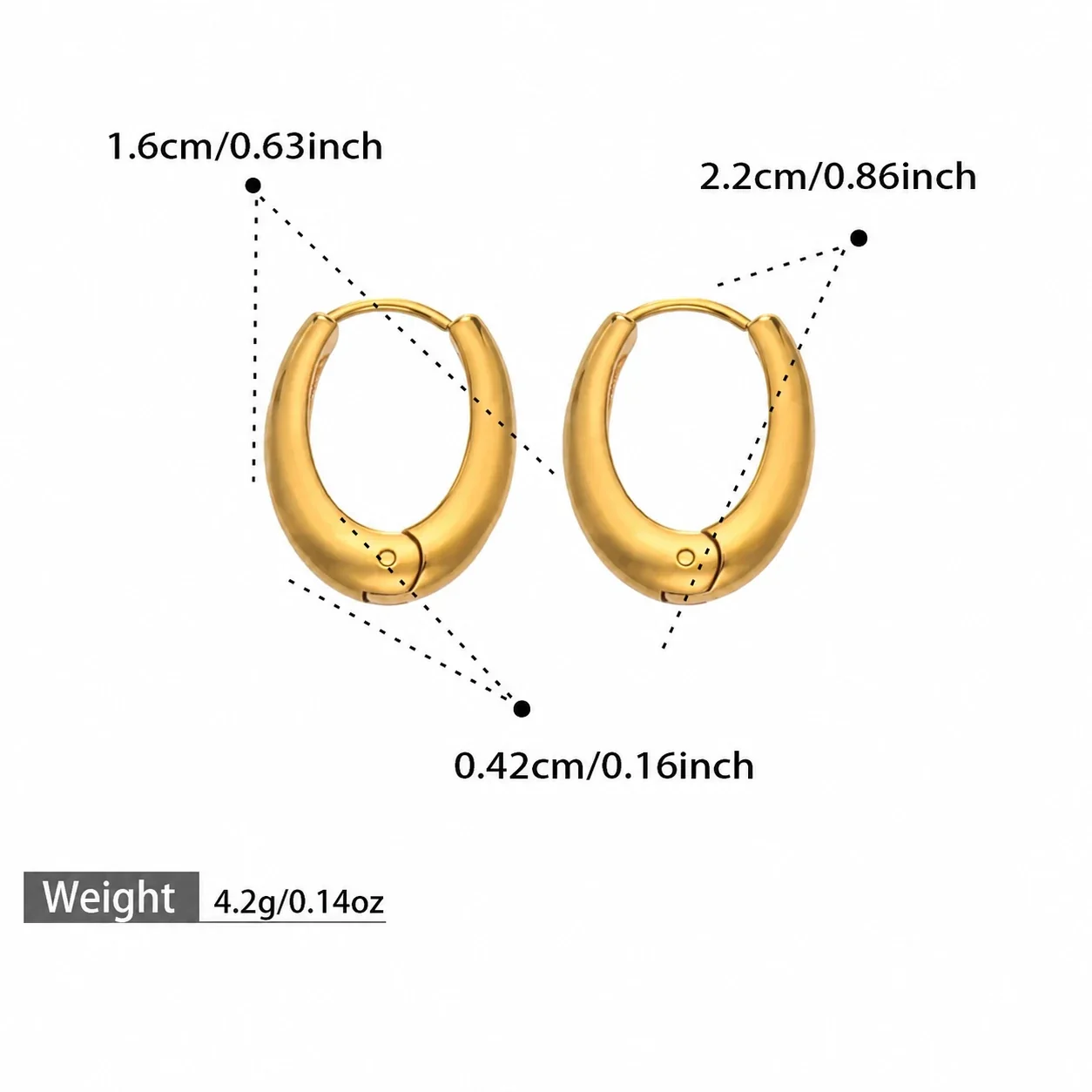 Sculptural 316L Oval Dome Hinged Hoop Earrings - Gold 16 mm