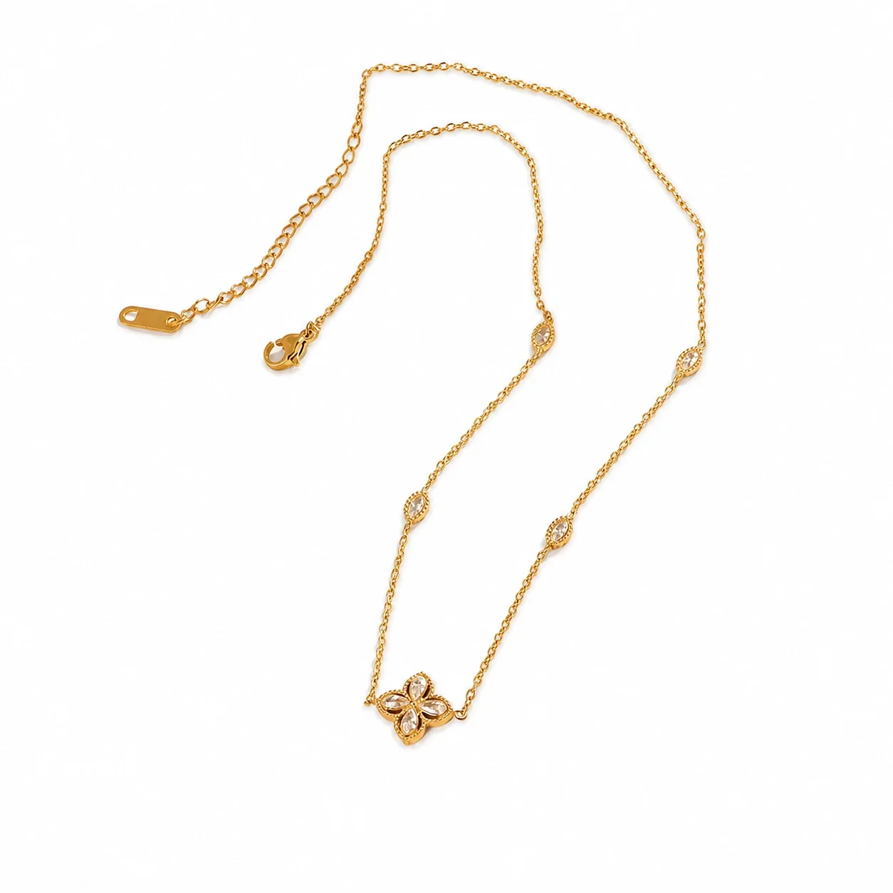 Delicate Gold-Plated Clover Marquise Crystal Necklace