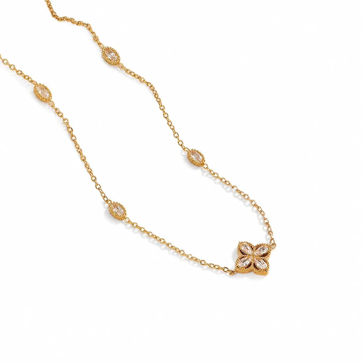 Delicate Gold-Plated Clover Marquise Crystal Necklace
