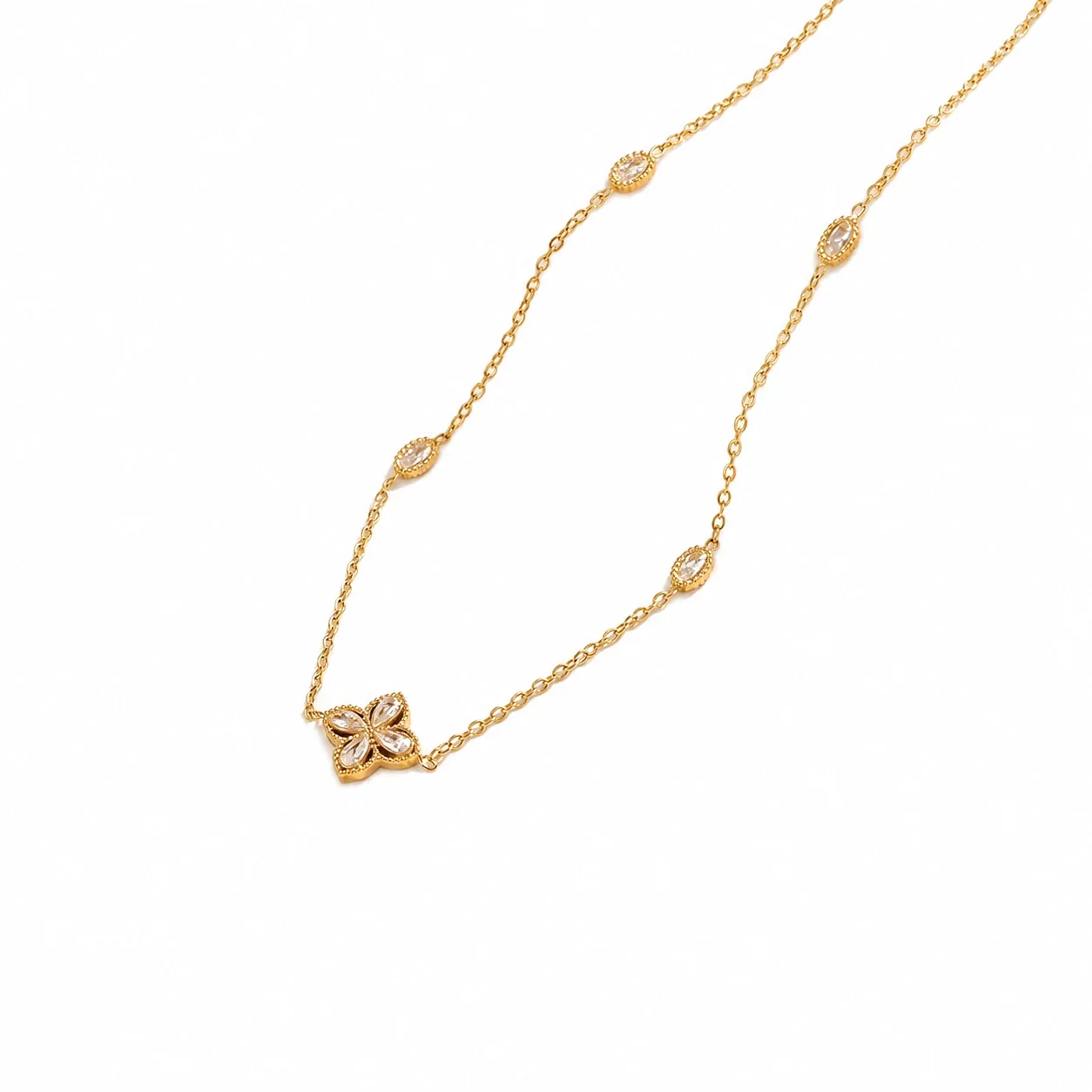 Delicate Gold-Plated Clover Marquise Crystal Necklace