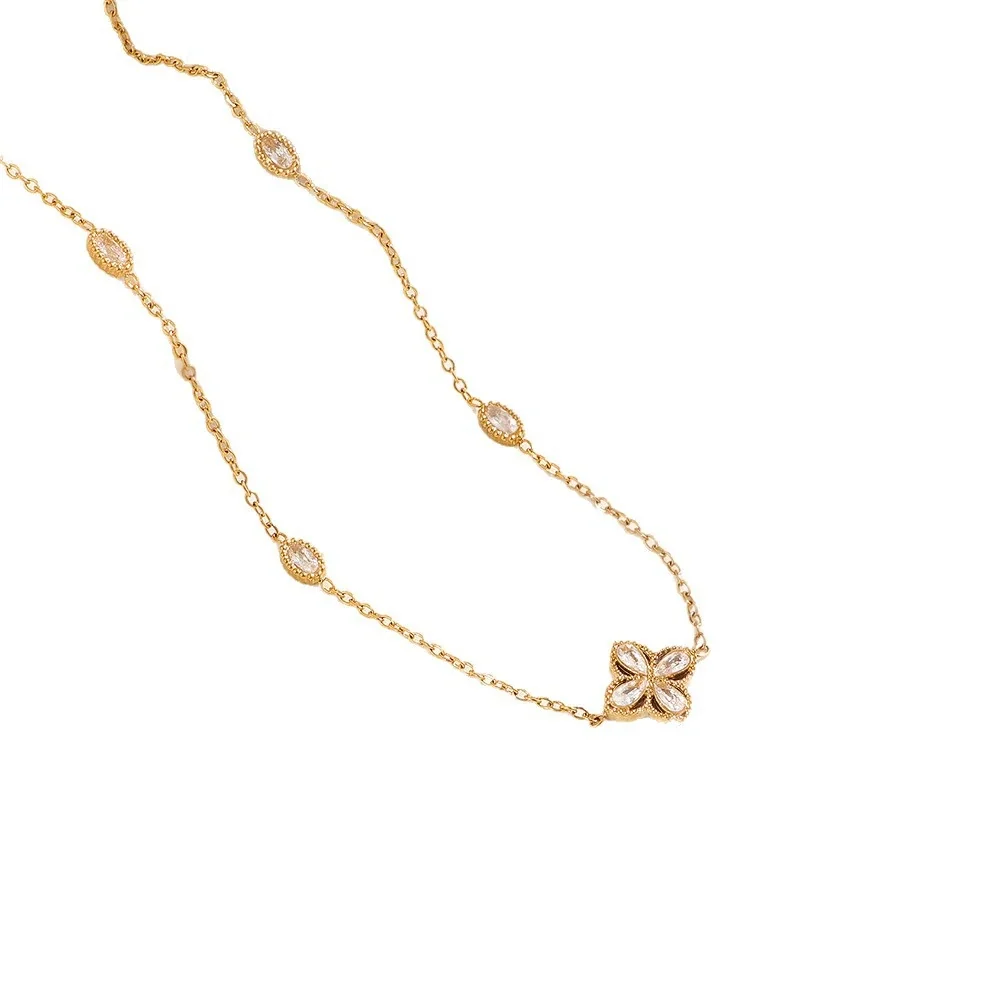 Delicate Gold-Plated Clover Marquise Crystal Necklace