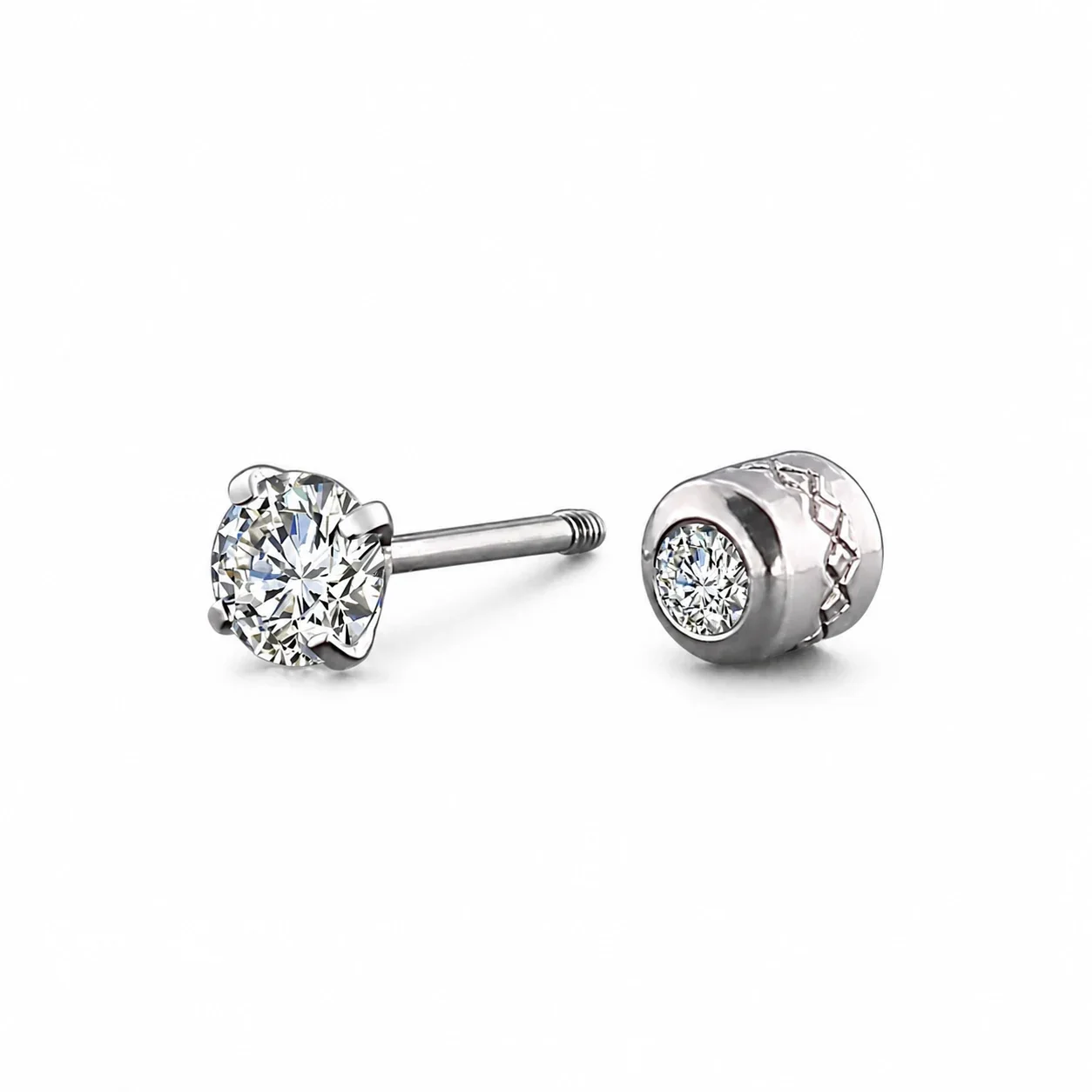 Minimal Silver-Tone Stainless Steel Round Prong-Set Stud Earrings
