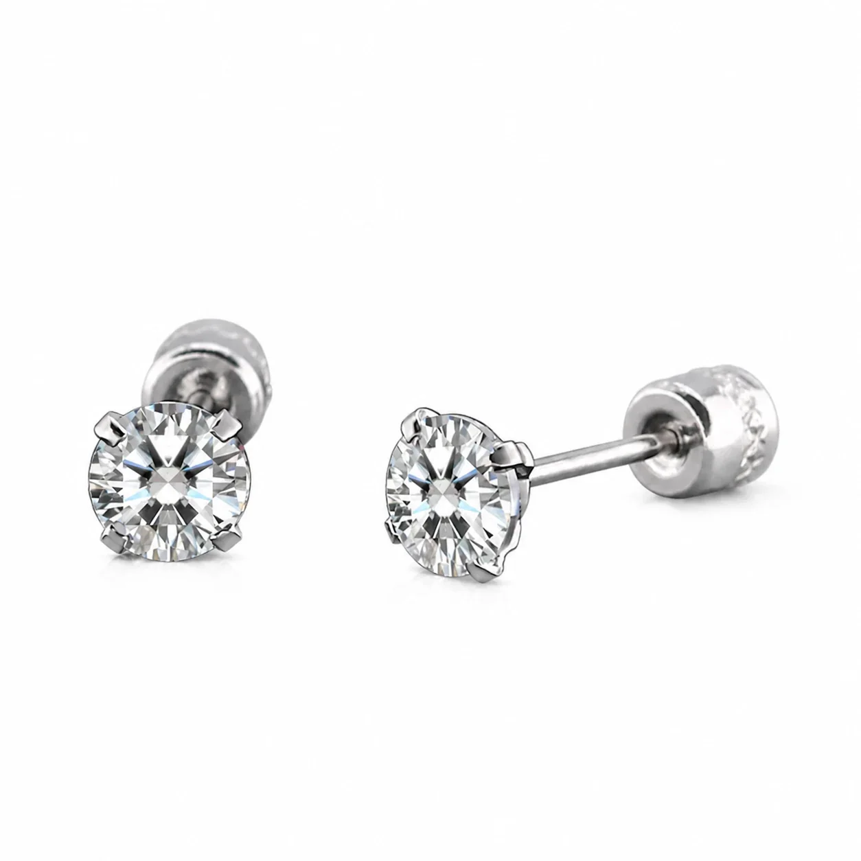 Minimal Silver-Tone Stainless Steel Round Prong-Set Stud Earrings