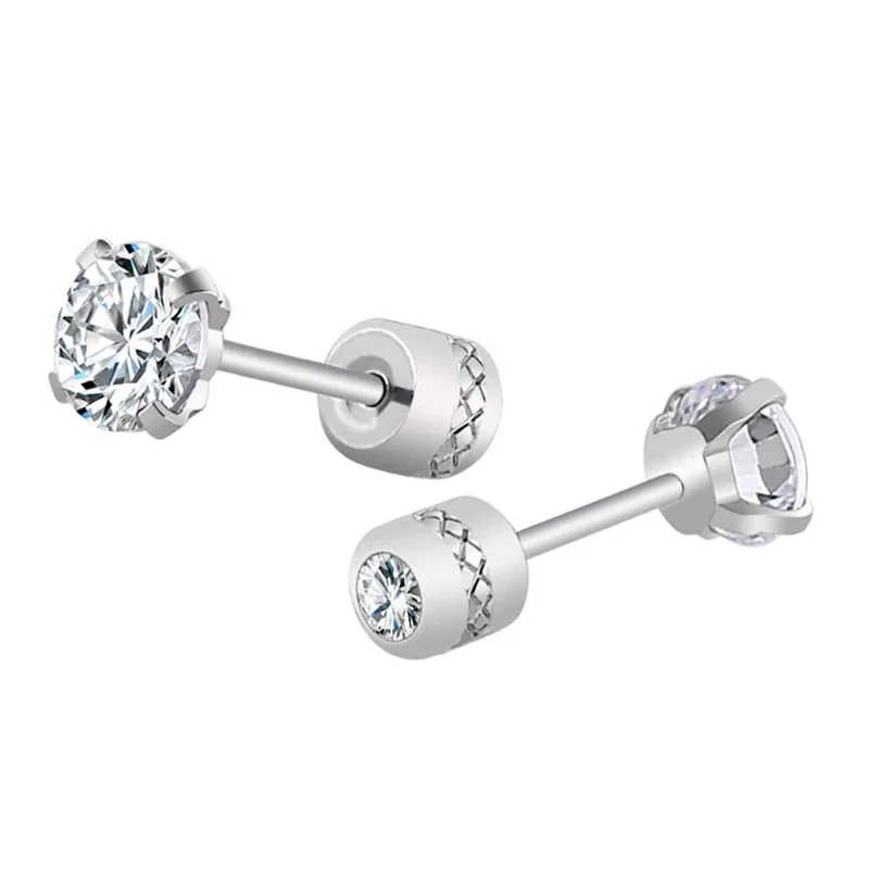 Minimal Silver-Tone Stainless Steel Round Prong-Set Stud Earrings