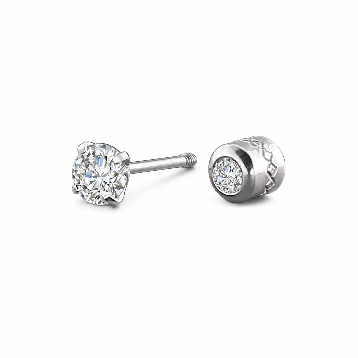 Minimal Silver-Tone Stainless Steel Round Prong-Set Stud Earrings - Silver Clear Crystal mm