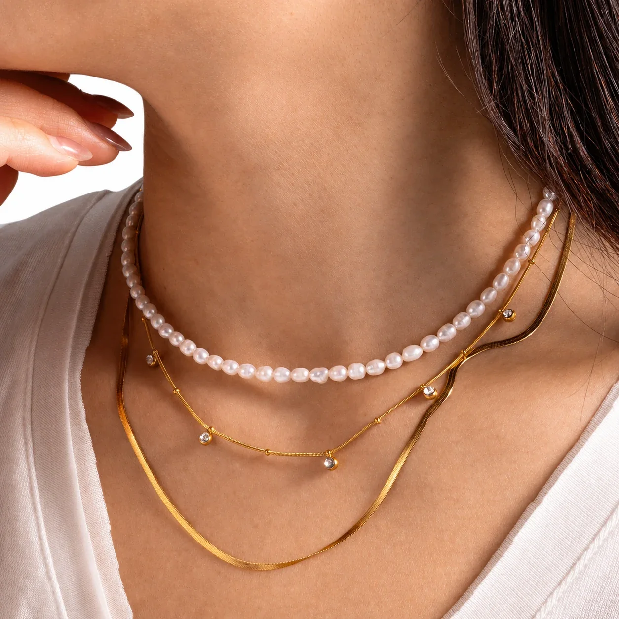 Lustrous 316 Stainless Steel Pearl Strand Necklace