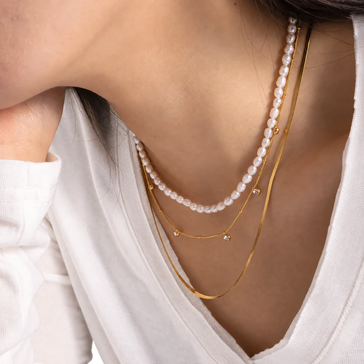 Lustrous 316 Stainless Steel Pearl Strand Necklace