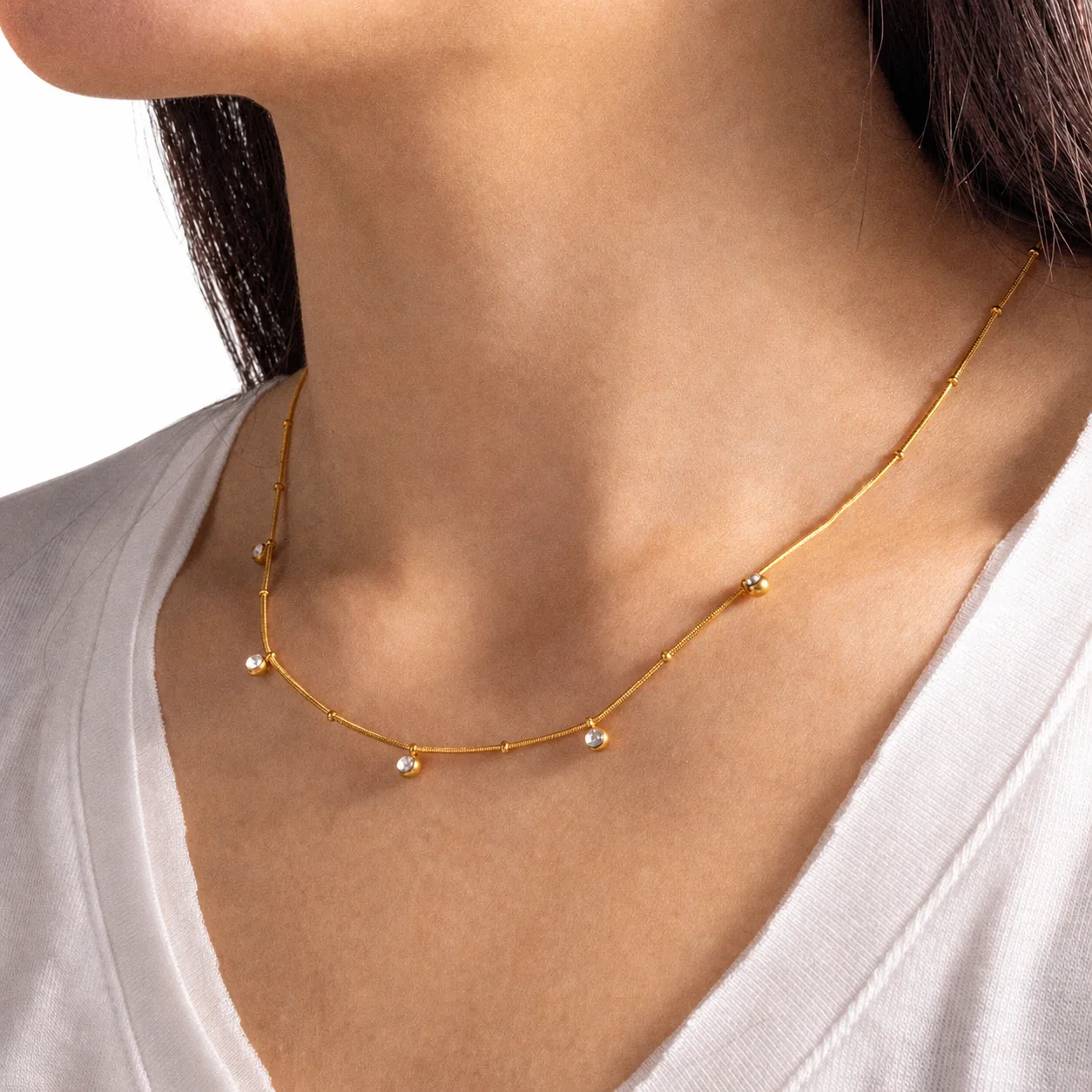 Lustrous 316 Stainless Steel Pearl Strand Necklace - Gold CZ