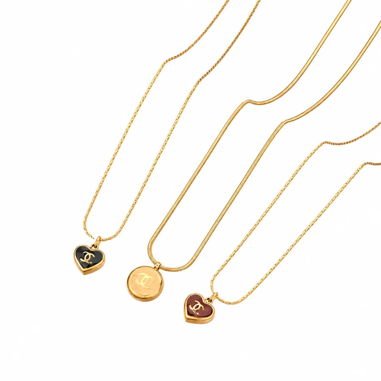 Pendant Necklace, Heart & Round Motifs, Gold-Plated Stainless Steel