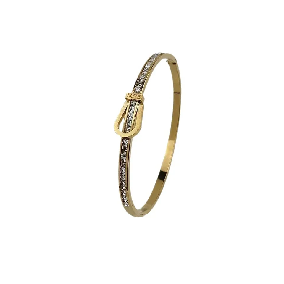 Buckle Bangle with Channel-Set CZ, 18K Gold-Plated Steel