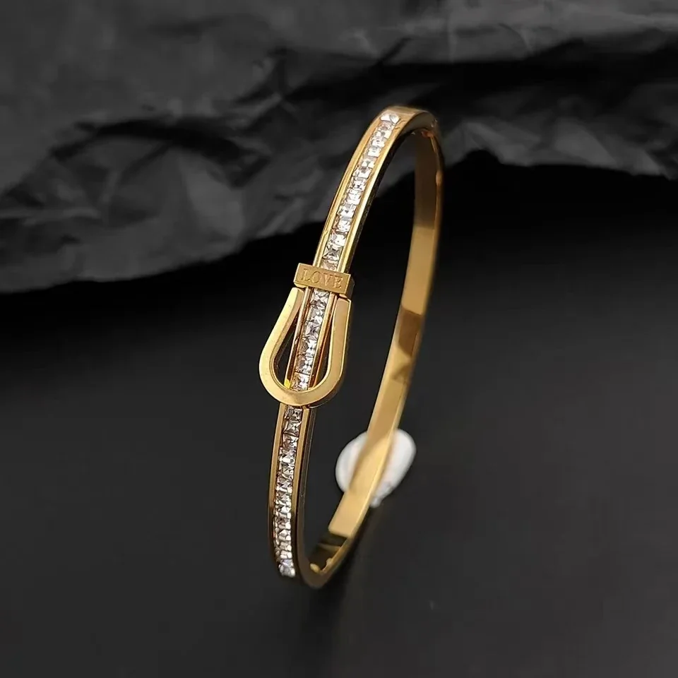 Buckle Bangle with Channel-Set CZ, 18K Gold-Plated Steel