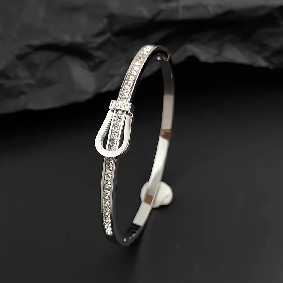 Buckle Bangle with Channel-Set CZ, 18K Gold-Plated Steel