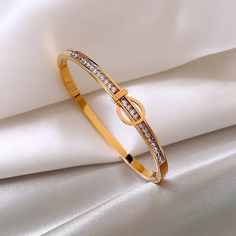 Buckle Bangle with Channel-Set CZ, 18K Gold-Plated Steel