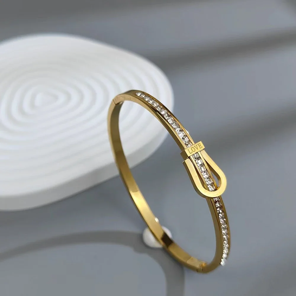 Buckle Bangle with Channel-Set CZ, 18K Gold-Plated Steel