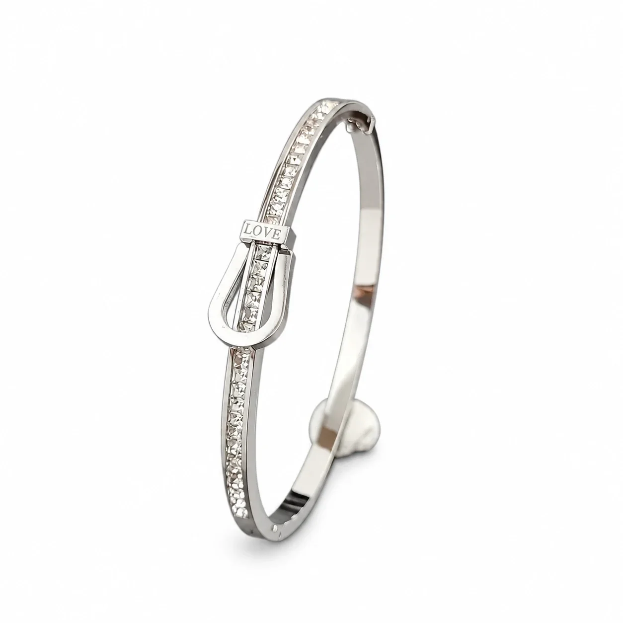 Buckle Bangle with Channel-Set CZ, 18K Gold-Plated Steel - Silver