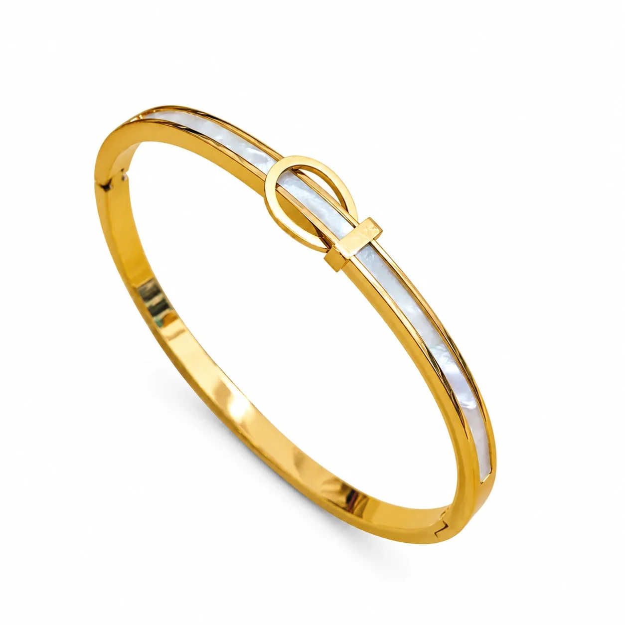 Buckle Bangle with Channel-Set CZ, 18K Gold-Plated Steel - Gold Shell
