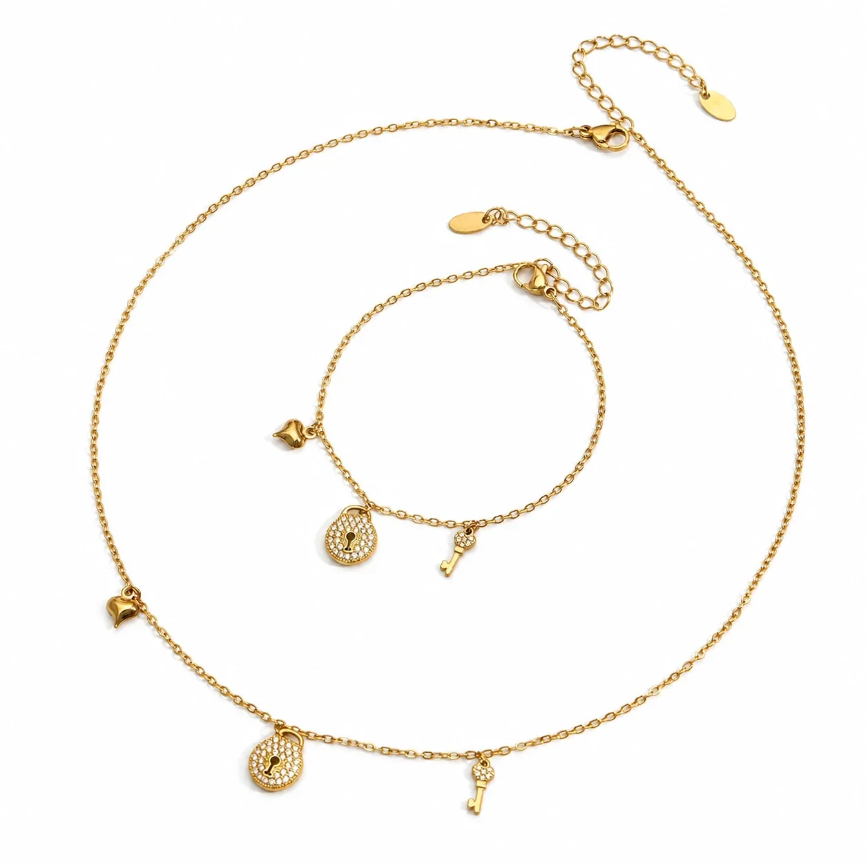 Petite Lock & Key 18K Gold PVD Stainless Steel CZ Jewelry Set
