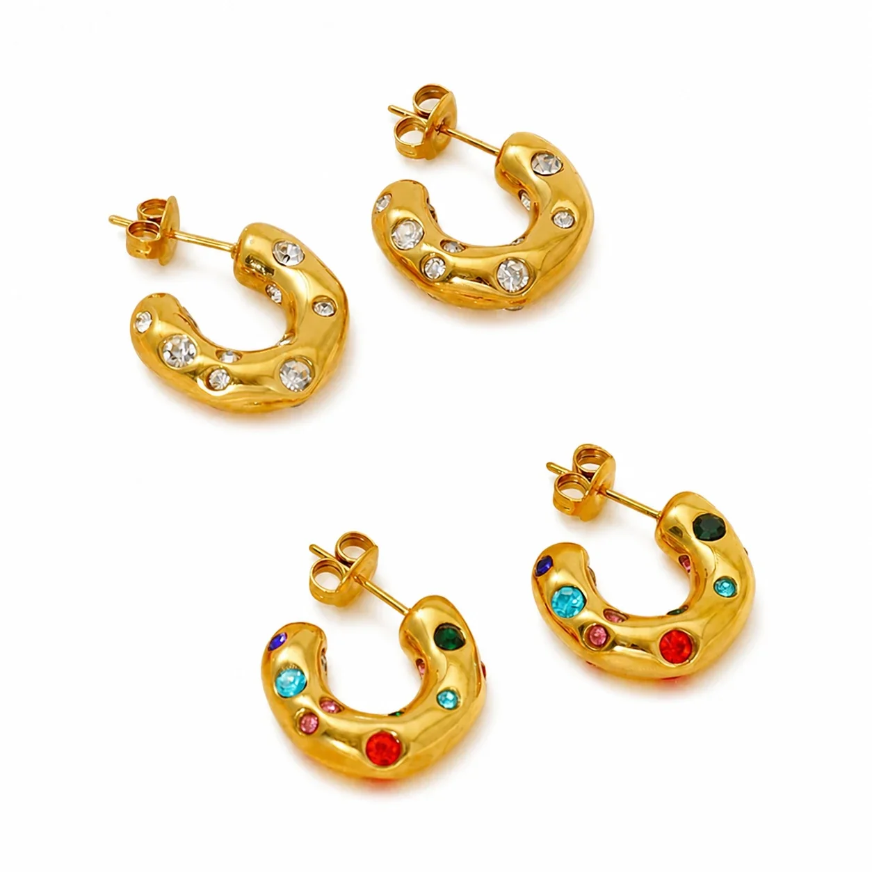 Sculptural 18K Gold-Plated Puffy Flush-Set CZ Hoop Earrings
