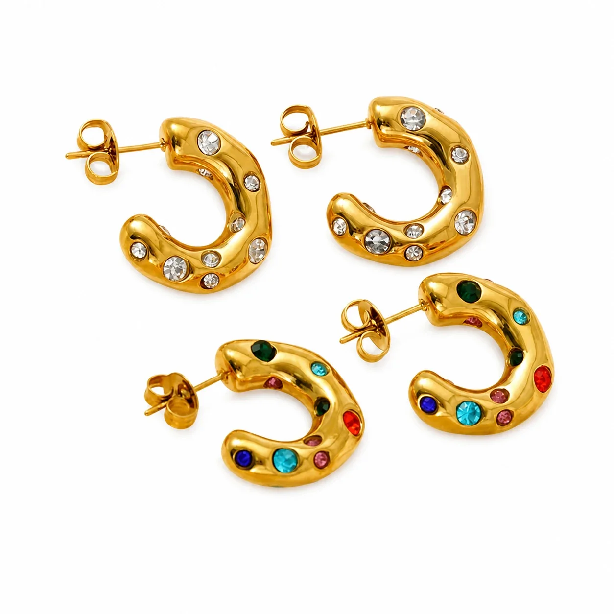 Sculptural 18K Gold-Plated Puffy Flush-Set CZ Hoop Earrings