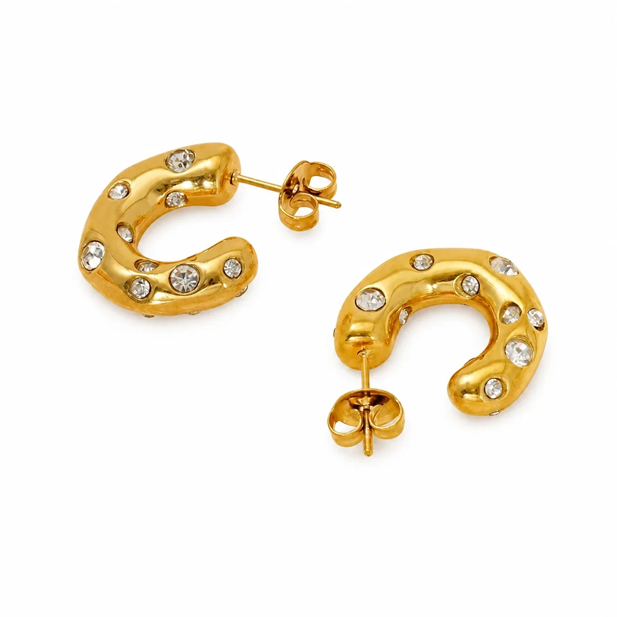 Sculptural 18K Gold-Plated Puffy Flush-Set CZ Hoop Earrings