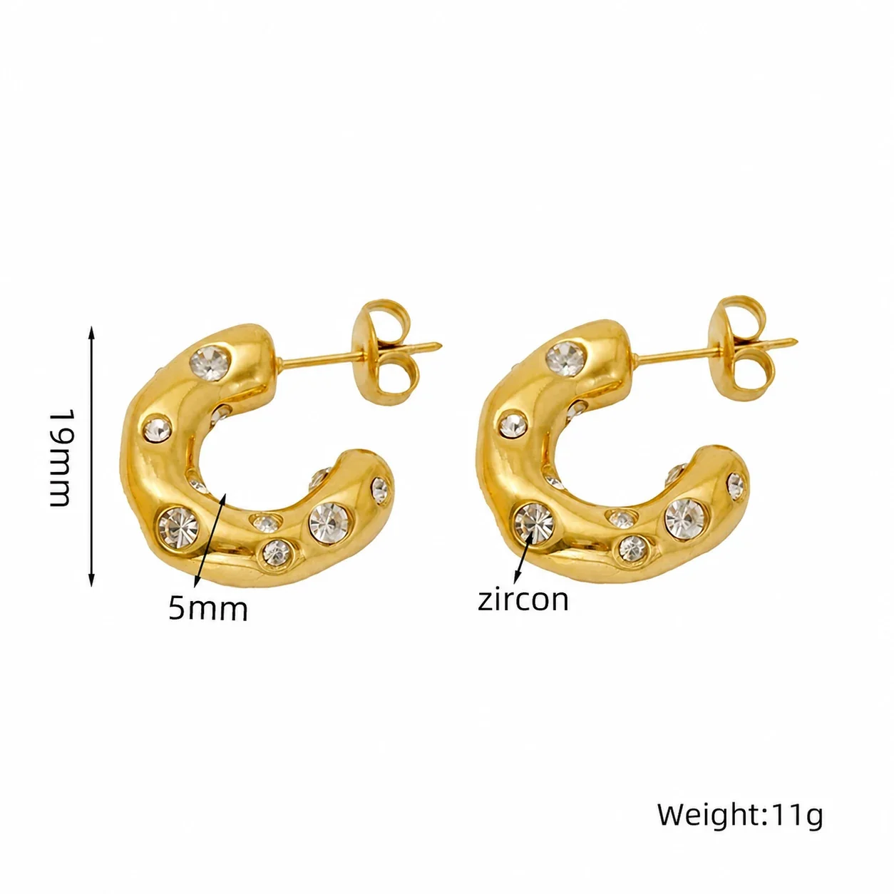 Sculptural 18K Gold-Plated Puffy Flush-Set CZ Hoop Earrings - Gold Clear CZ