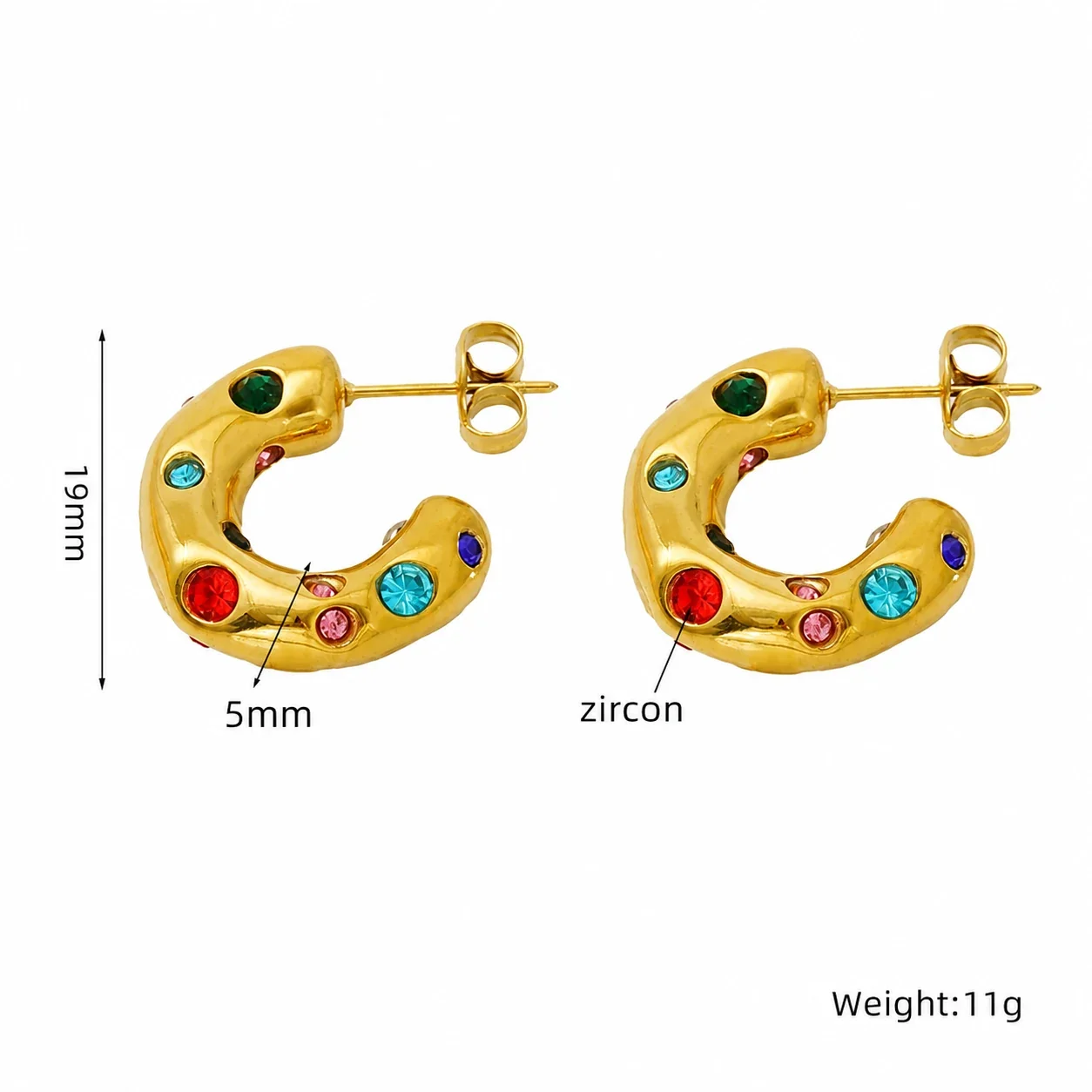 Sculptural 18K Gold-Plated Puffy Flush-Set CZ Hoop Earrings - Gold Multicolor CZ