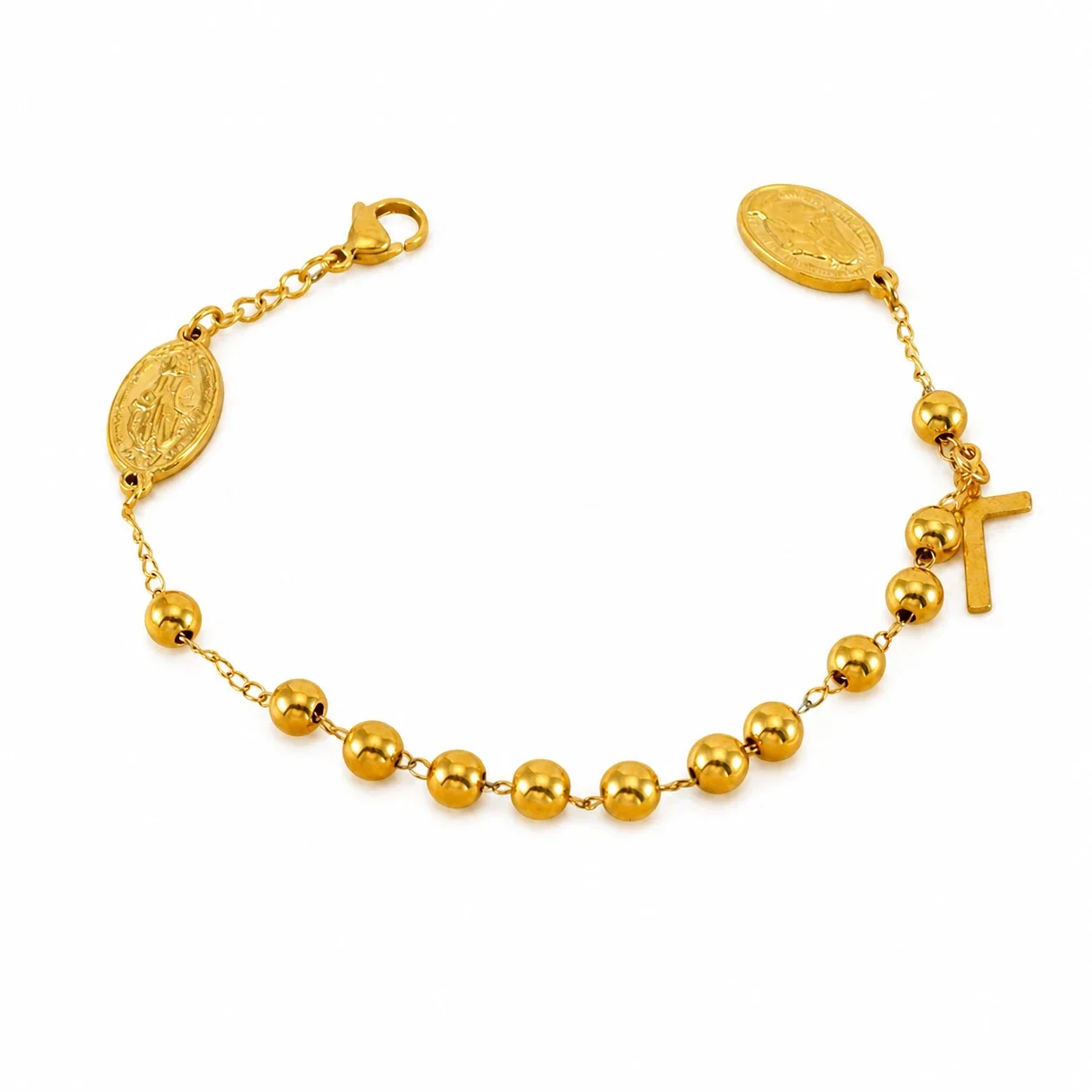 Devotional 18K Gold PVD Bead Medal Cross Bracelet
