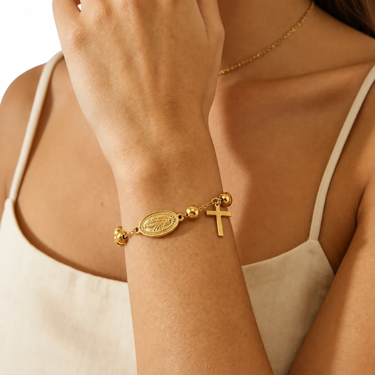 Devotional 18K Gold PVD Bead Medal Cross Bracelet
