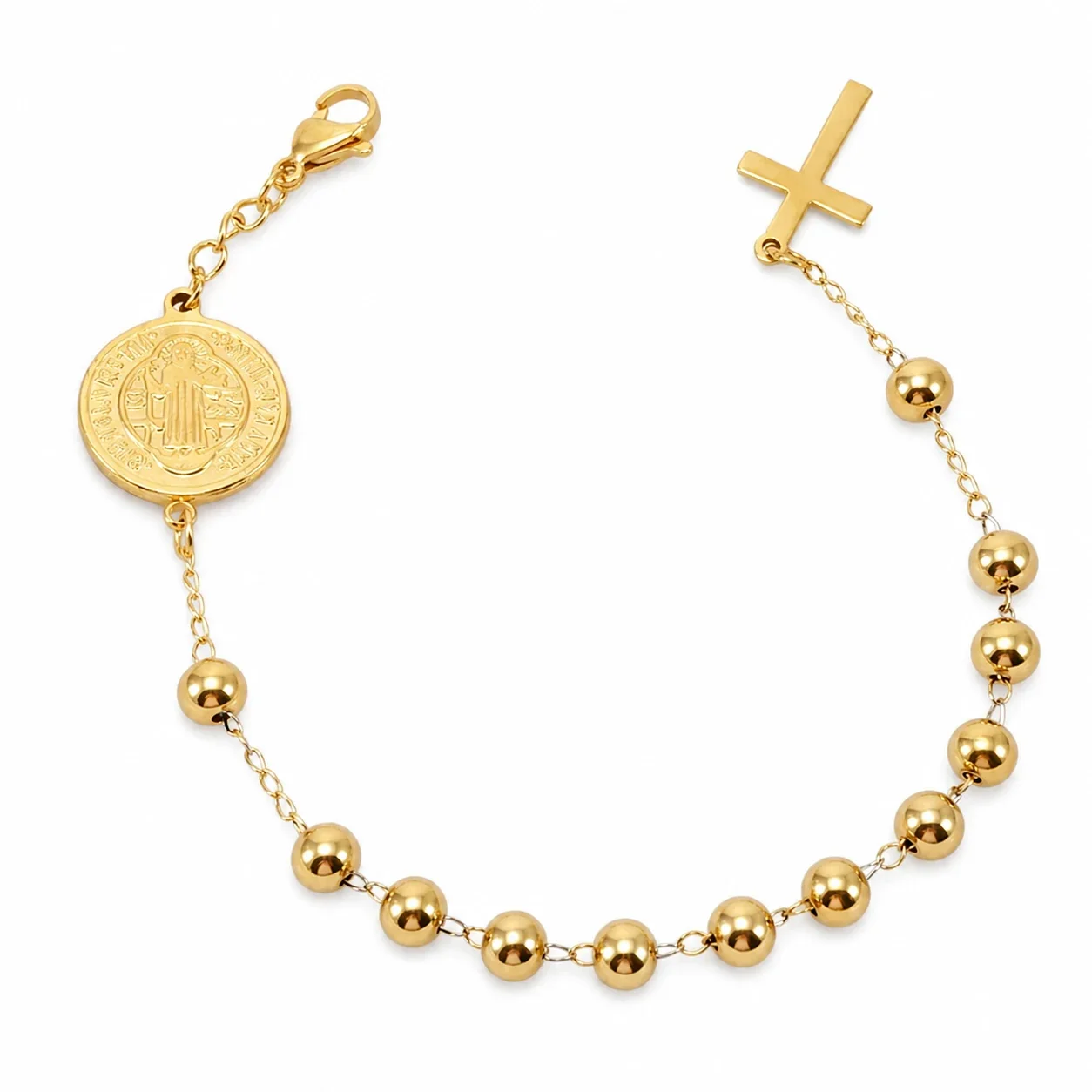 Devotional 18K Gold PVD Bead Medal Cross Bracelet