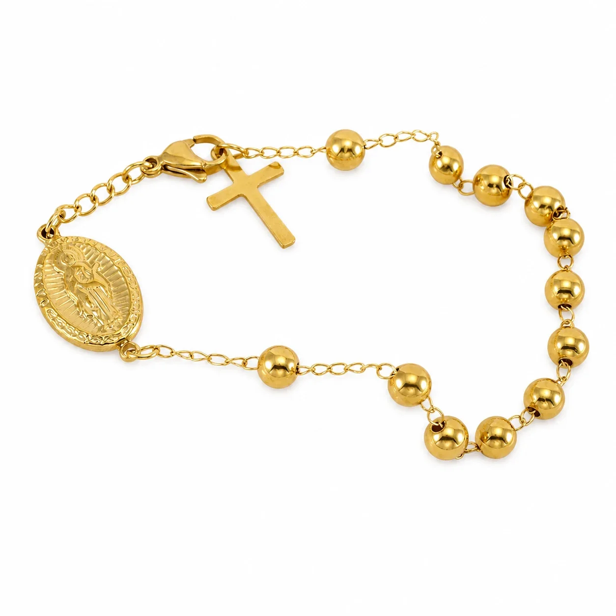 Devotional 18K Gold PVD Bead Medal Cross Bracelet
