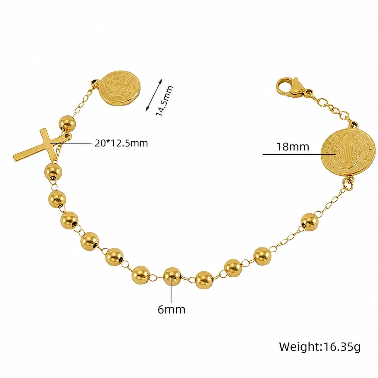 Devotional 18K Gold PVD Bead Medal Cross Bracelet - Style ZYG106