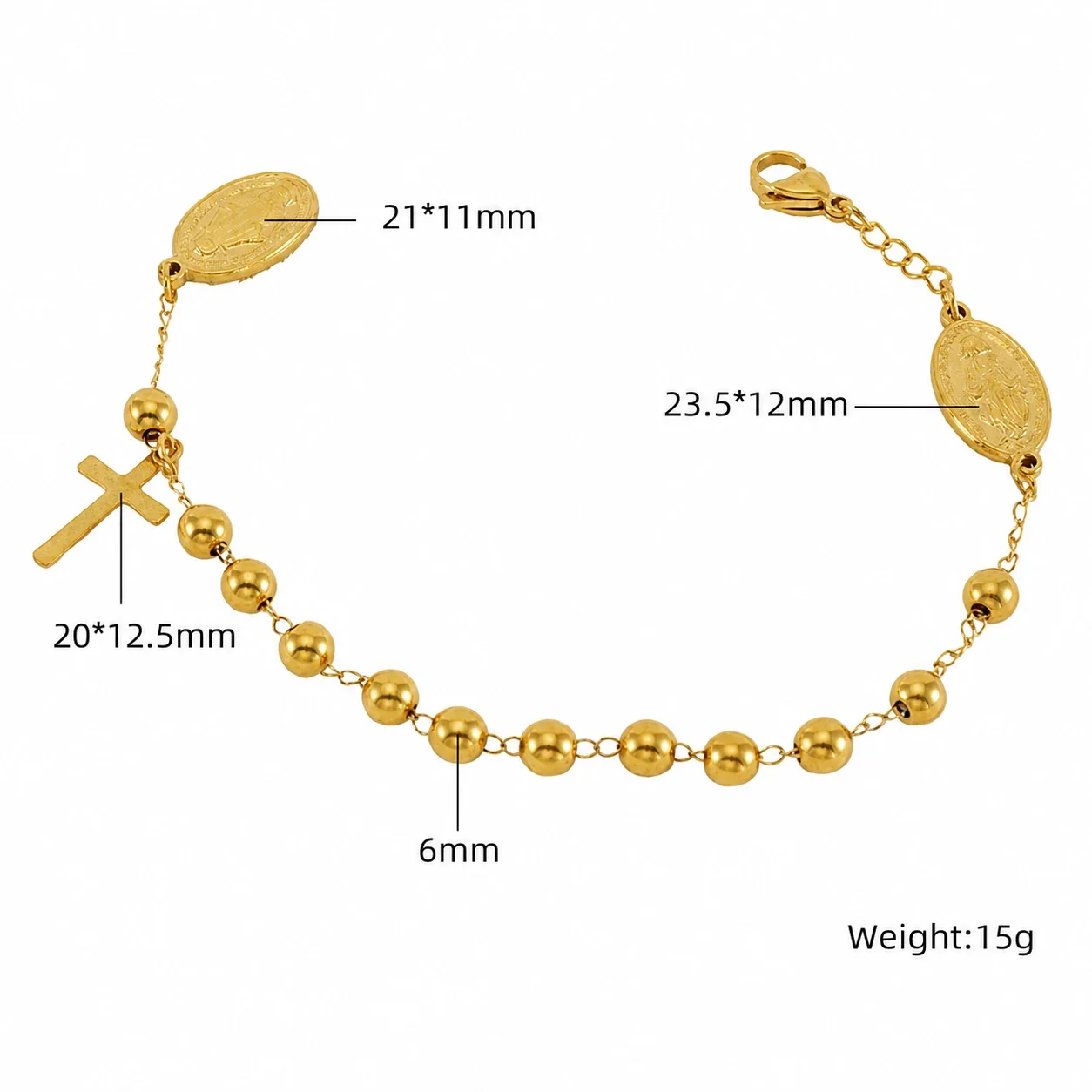 Devotional 18K Gold PVD Bead Medal Cross Bracelet - Style ZYG107