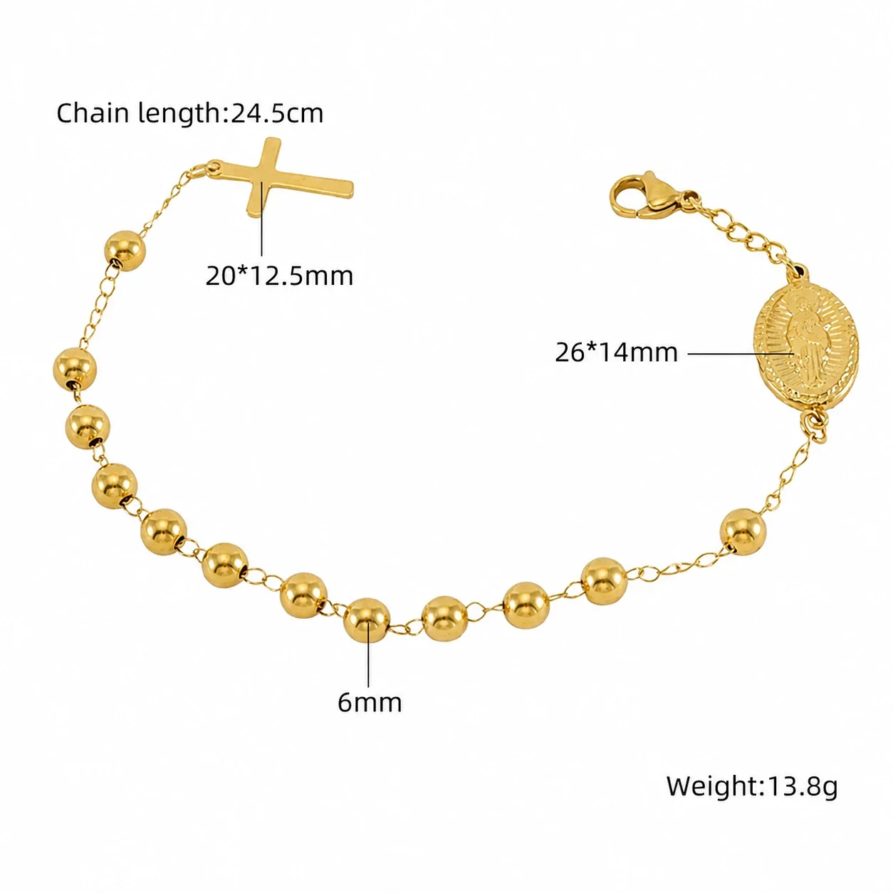 Devotional 18K Gold PVD Bead Medal Cross Bracelet - Style ZYG109