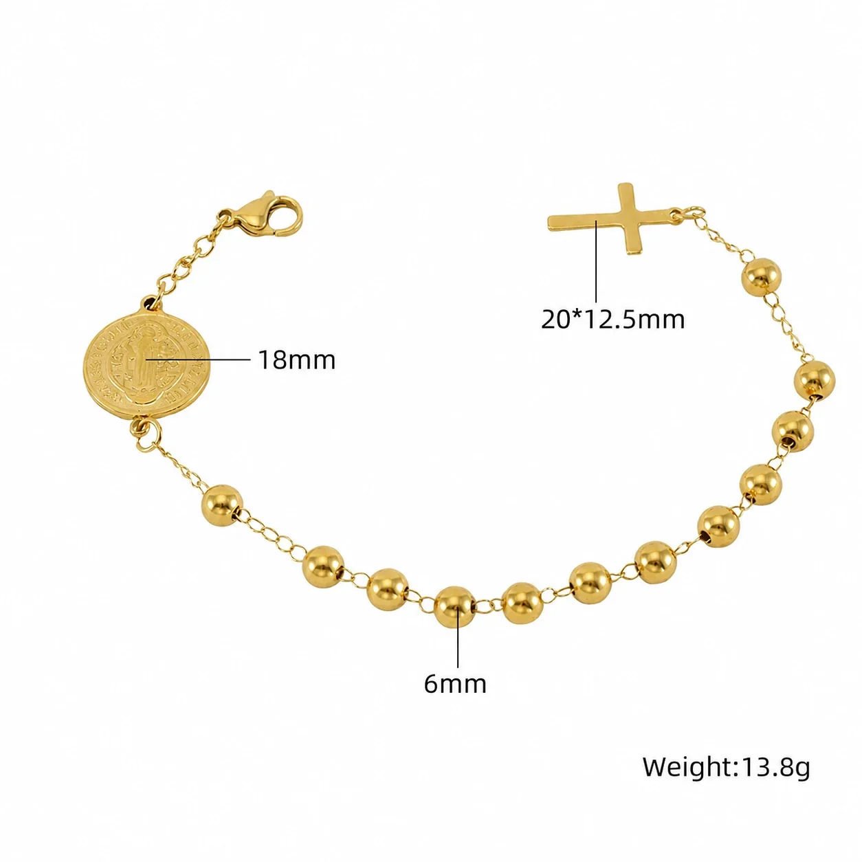 Devotional 18K Gold PVD Bead Medal Cross Bracelet - Style ZYG110